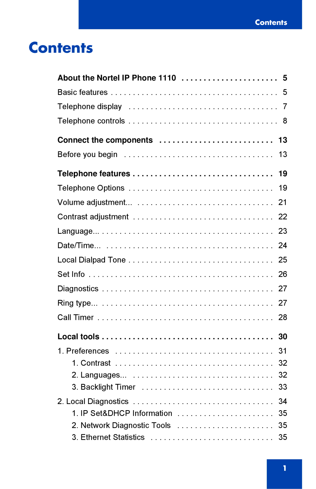 Nortel Networks 1110 manual Contents 