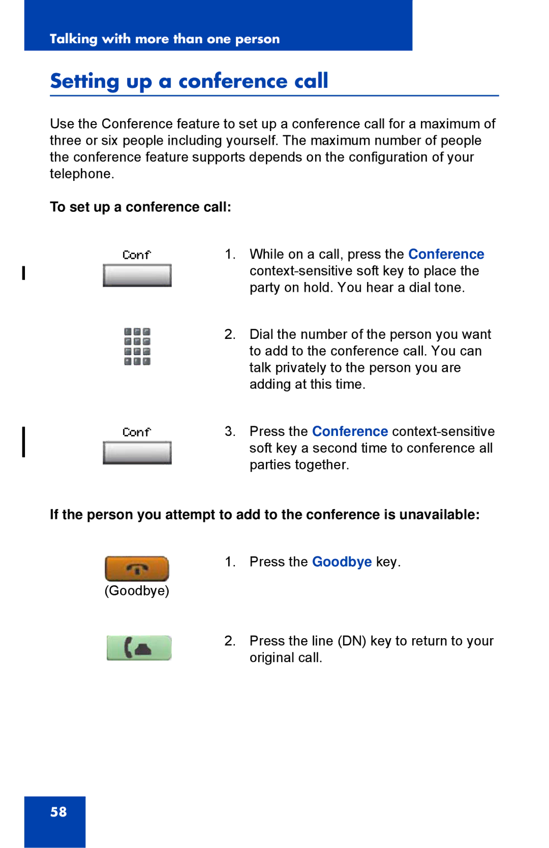 Nortel Networks 1110 manual Setting up a conference call, To set up a conference call 