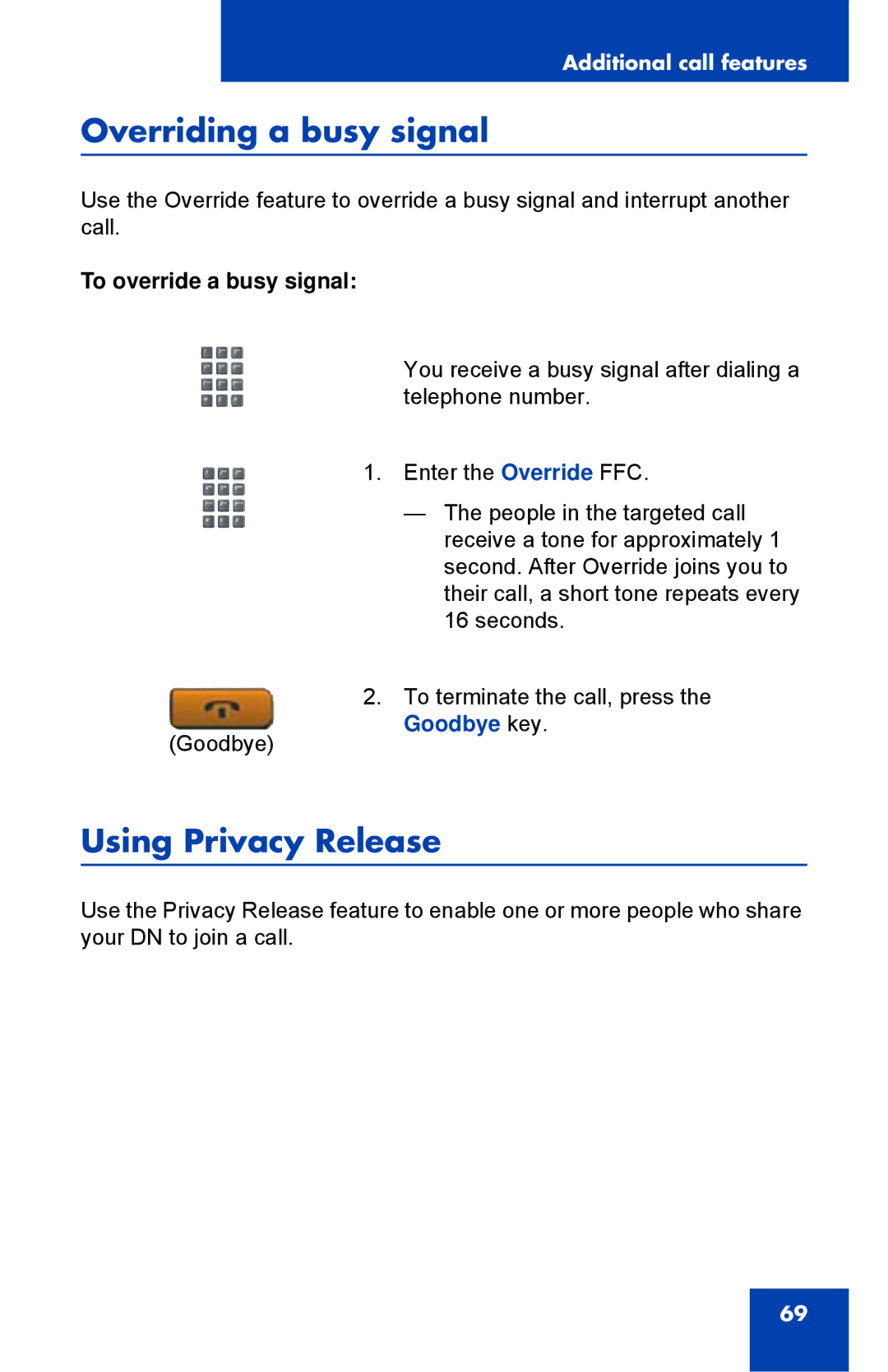 Nortel Networks 1110 manual Overriding a busy signal, Using Privacy Release, To override a busy signal 