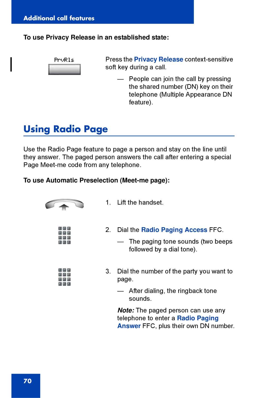 Nortel Networks 1110 Using Radio, To use Privacy Release in an established state, To use Automatic Preselection Meet-me 