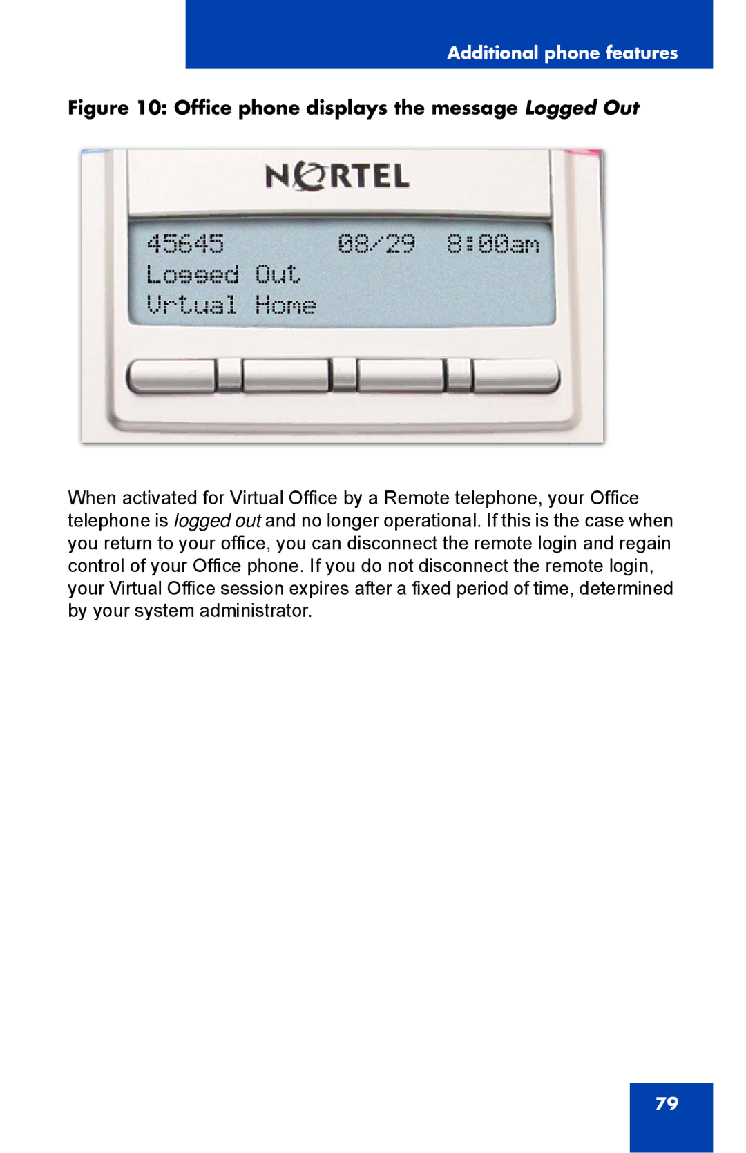 Nortel Networks 1110 manual Office phone displays the message Logged Out 