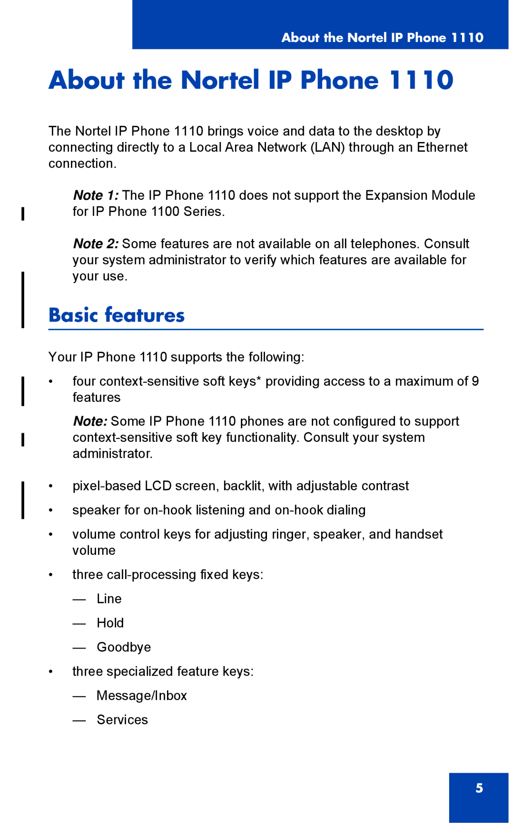 Nortel Networks 1110 manual About the Nortel IP Phone, Basic features 