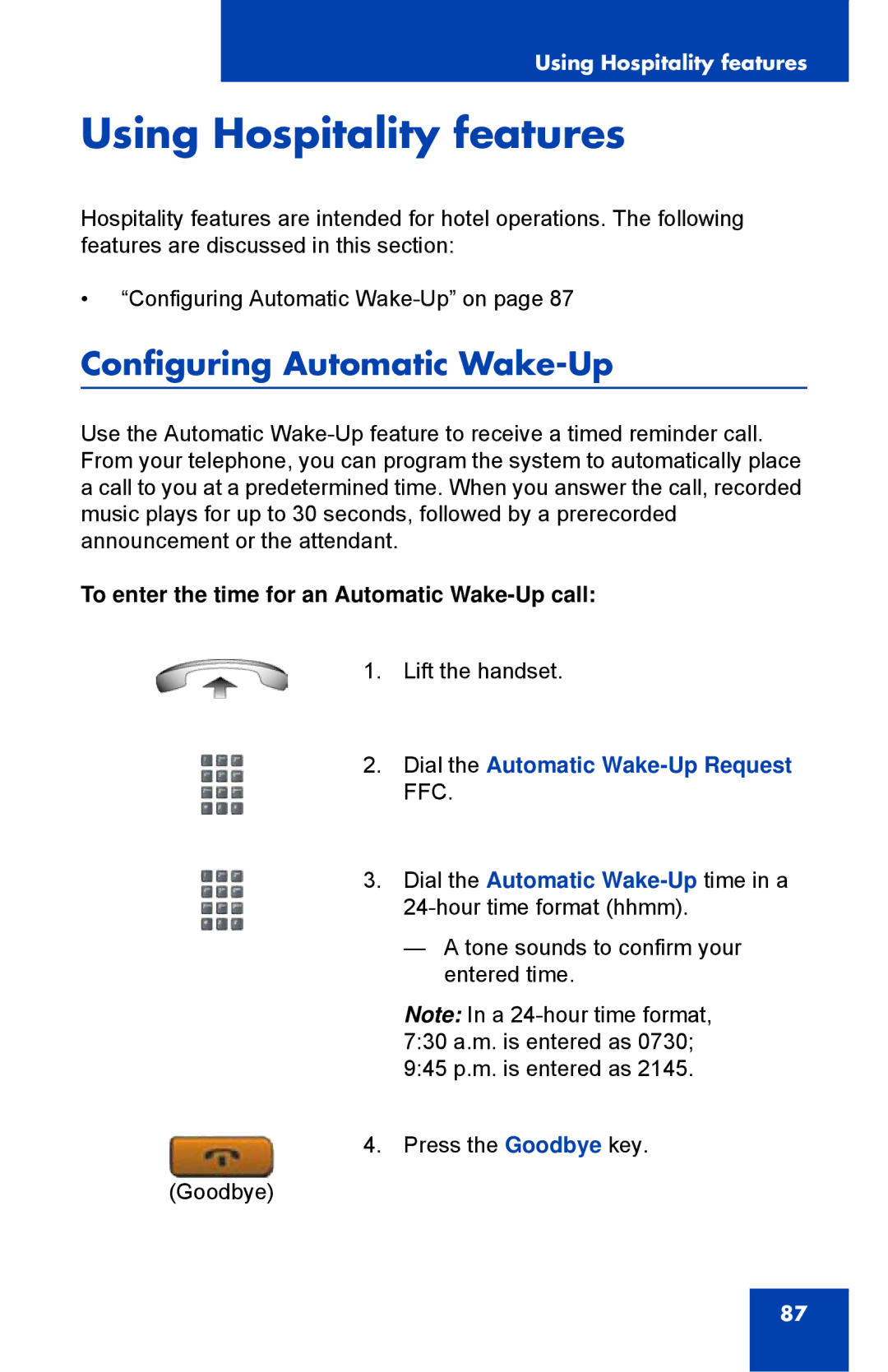 Nortel Networks 1110 Using Hospitality features, Configuring Automatic Wake-Up, Dial the Automatic Wake-Up Request FFC 