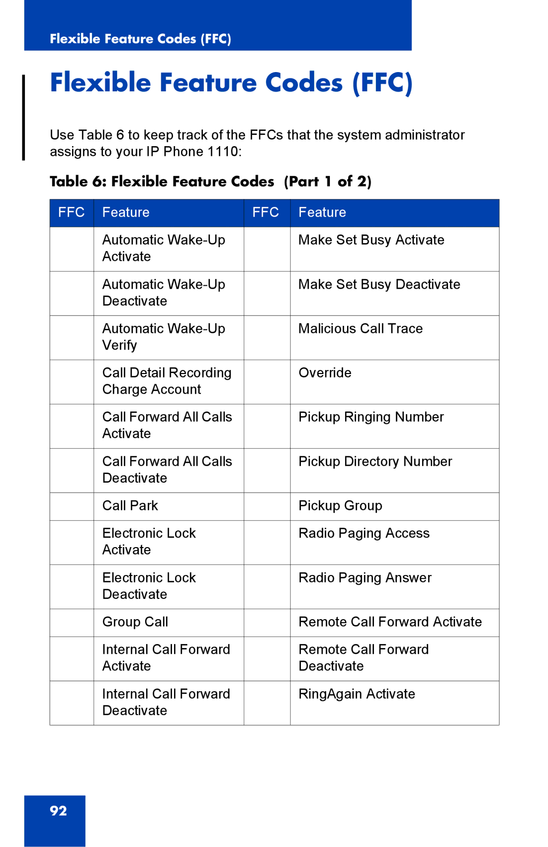 Nortel Networks 1110 manual Flexible Feature Codes FFC, Flexible Feature Codes Part 1 