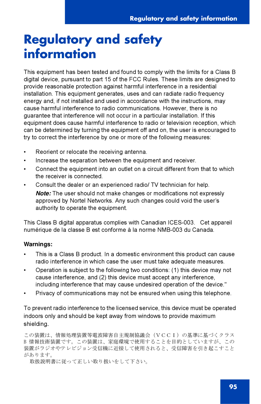 Nortel Networks 1110 manual Regulatory and safety information 