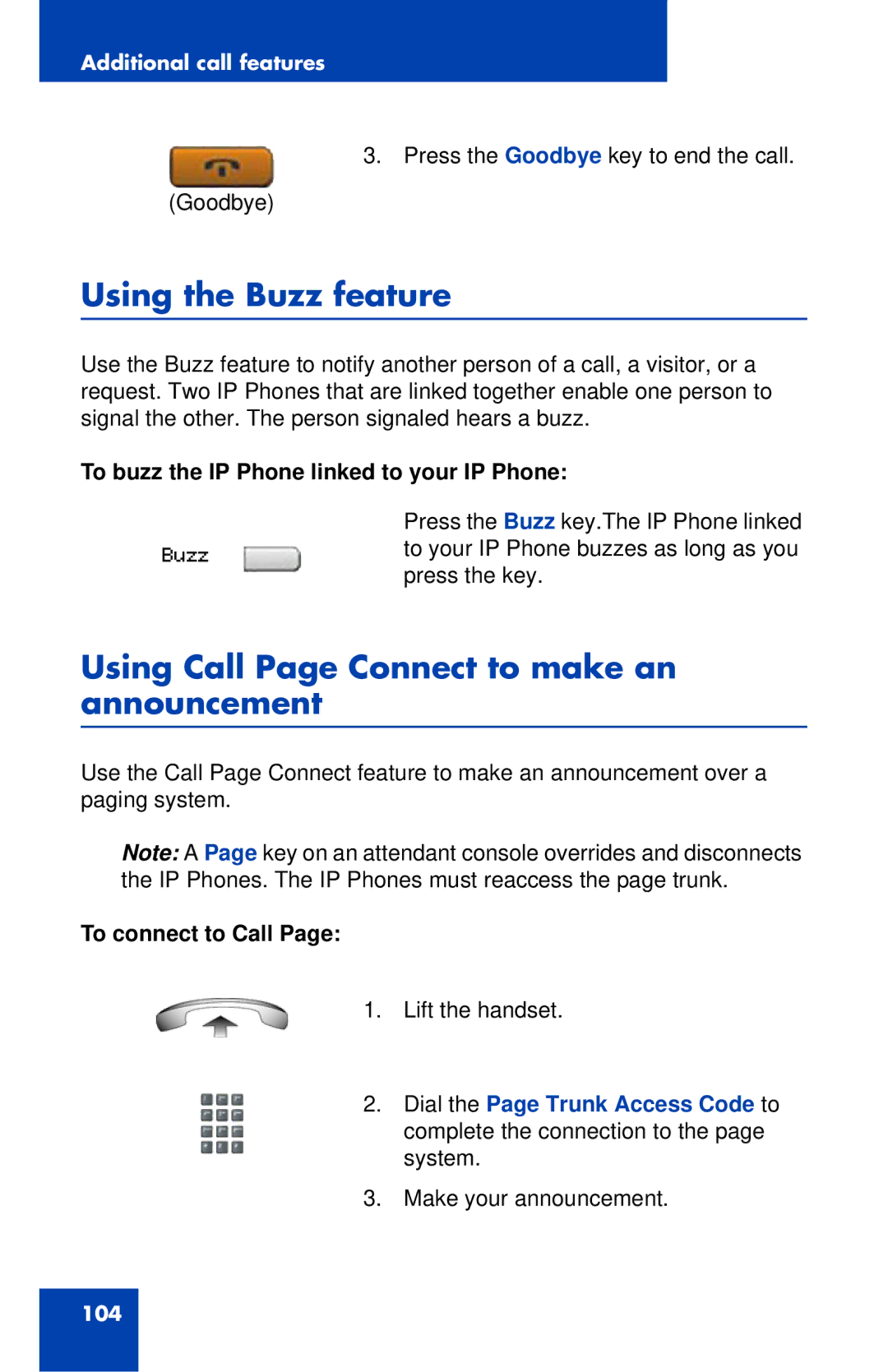 Nortel Networks 1120 manual Using the Buzz feature, Using Call Page Connect to make an announcement, To connect to Call 