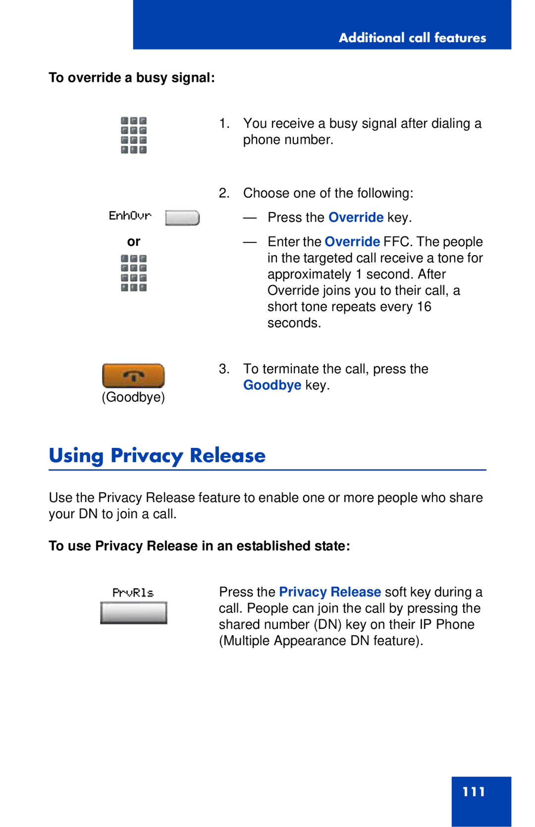 Nortel Networks 1120 Using Privacy Release, To override a busy signal, To use Privacy Release in an established state 