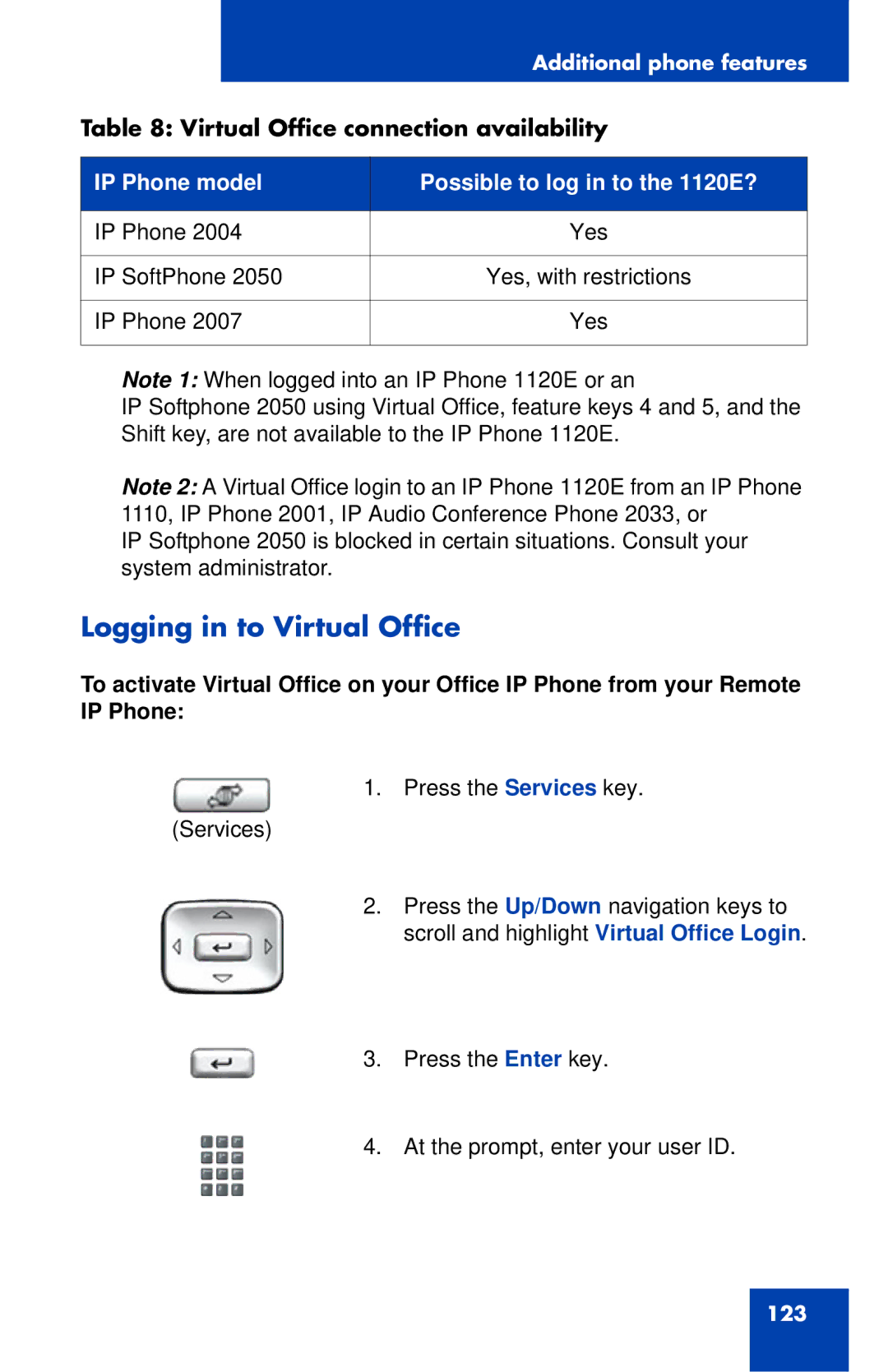 Nortel Networks 1120 manual Logging in to Virtual Office 