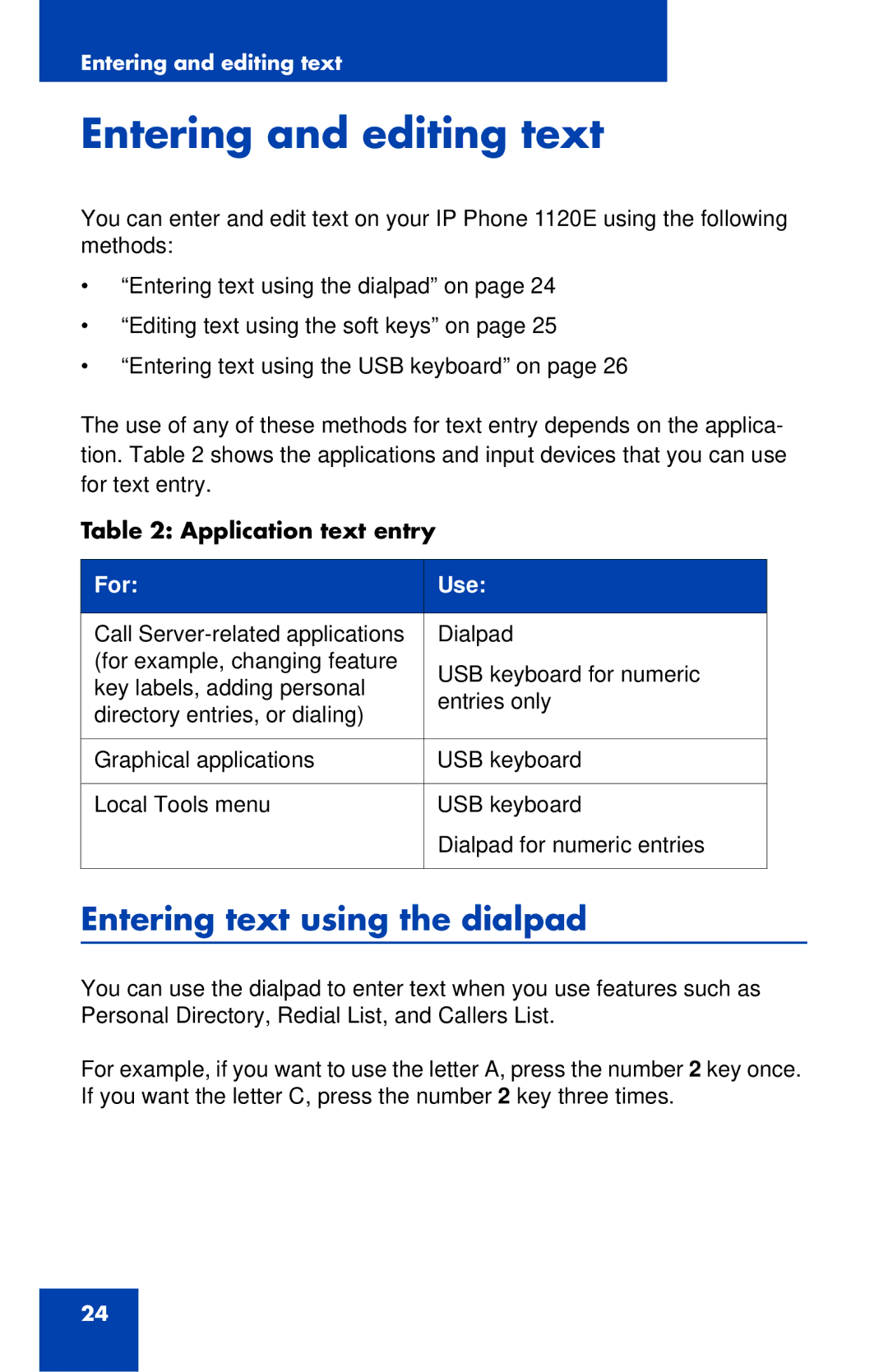 Nortel Networks 1120 manual Entering and editing text, Entering text using the dialpad, Application text entry 