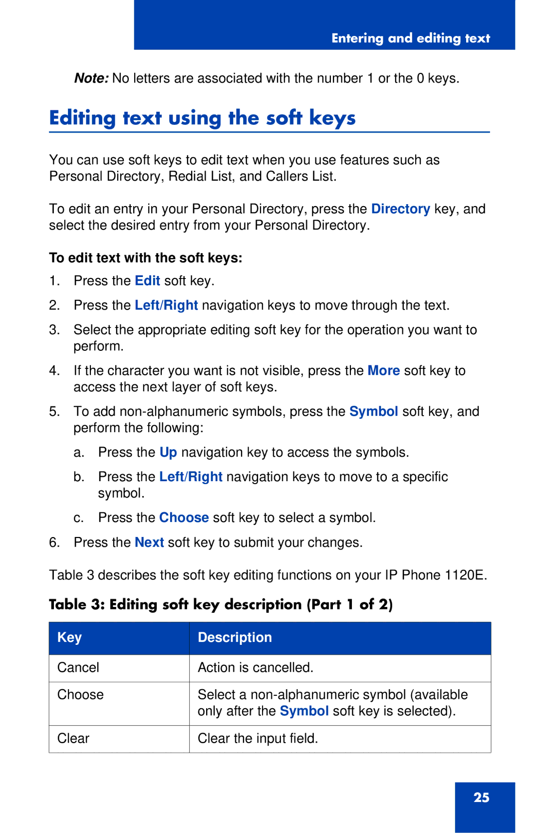 Nortel Networks 1120 manual Editing text using the soft keys, To edit text with the soft keys 