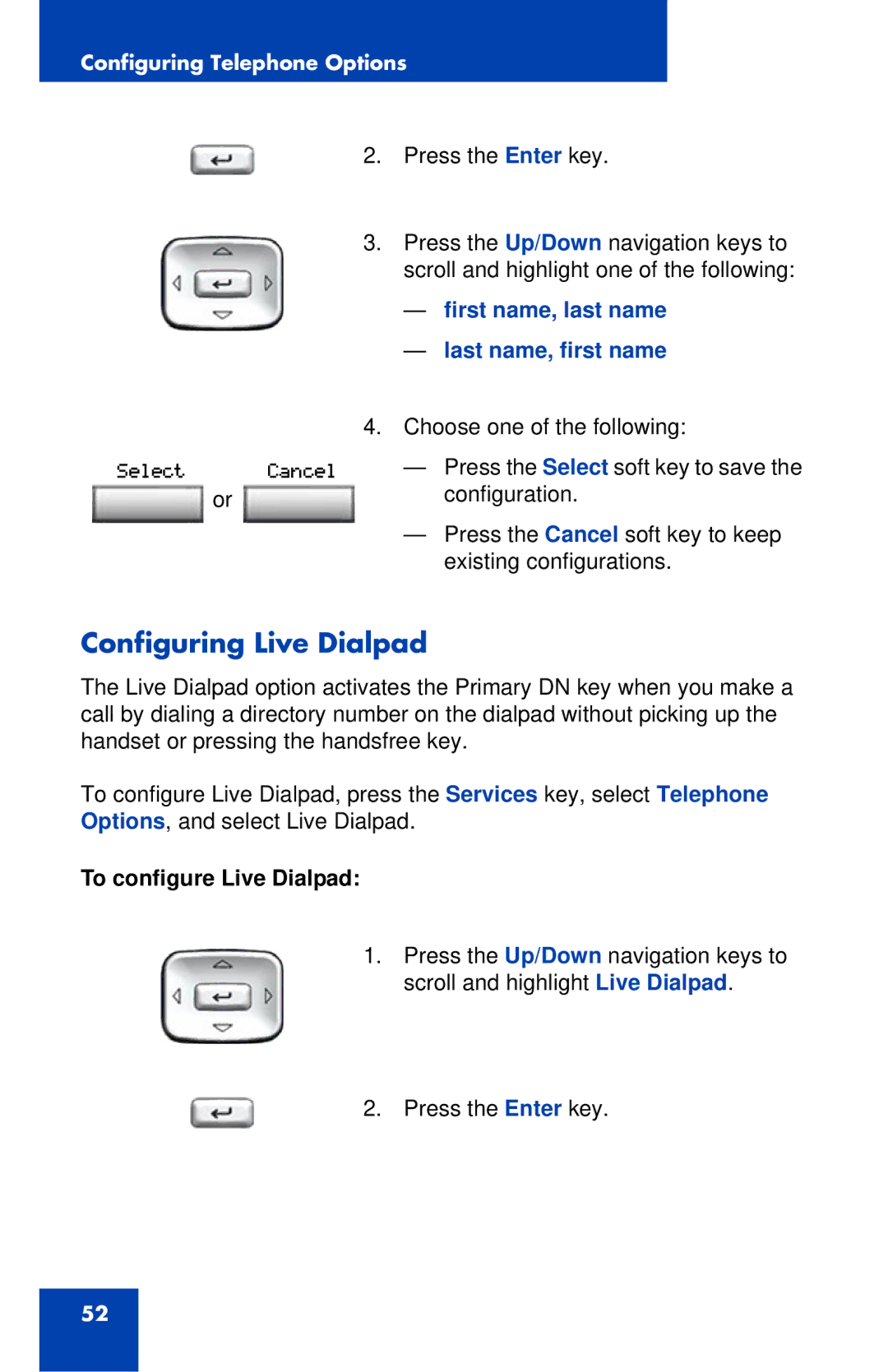 Nortel Networks 1120 Configuring Live Dialpad, First name, last name Last name, first name, To configure Live Dialpad 