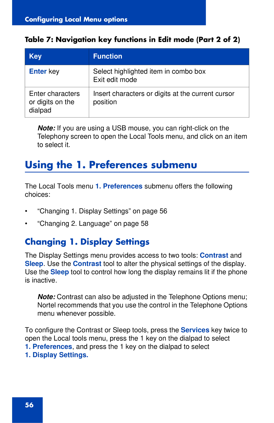 Nortel Networks 1120 manual Using the 1. Preferences submenu, Changing 1. Display Settings 