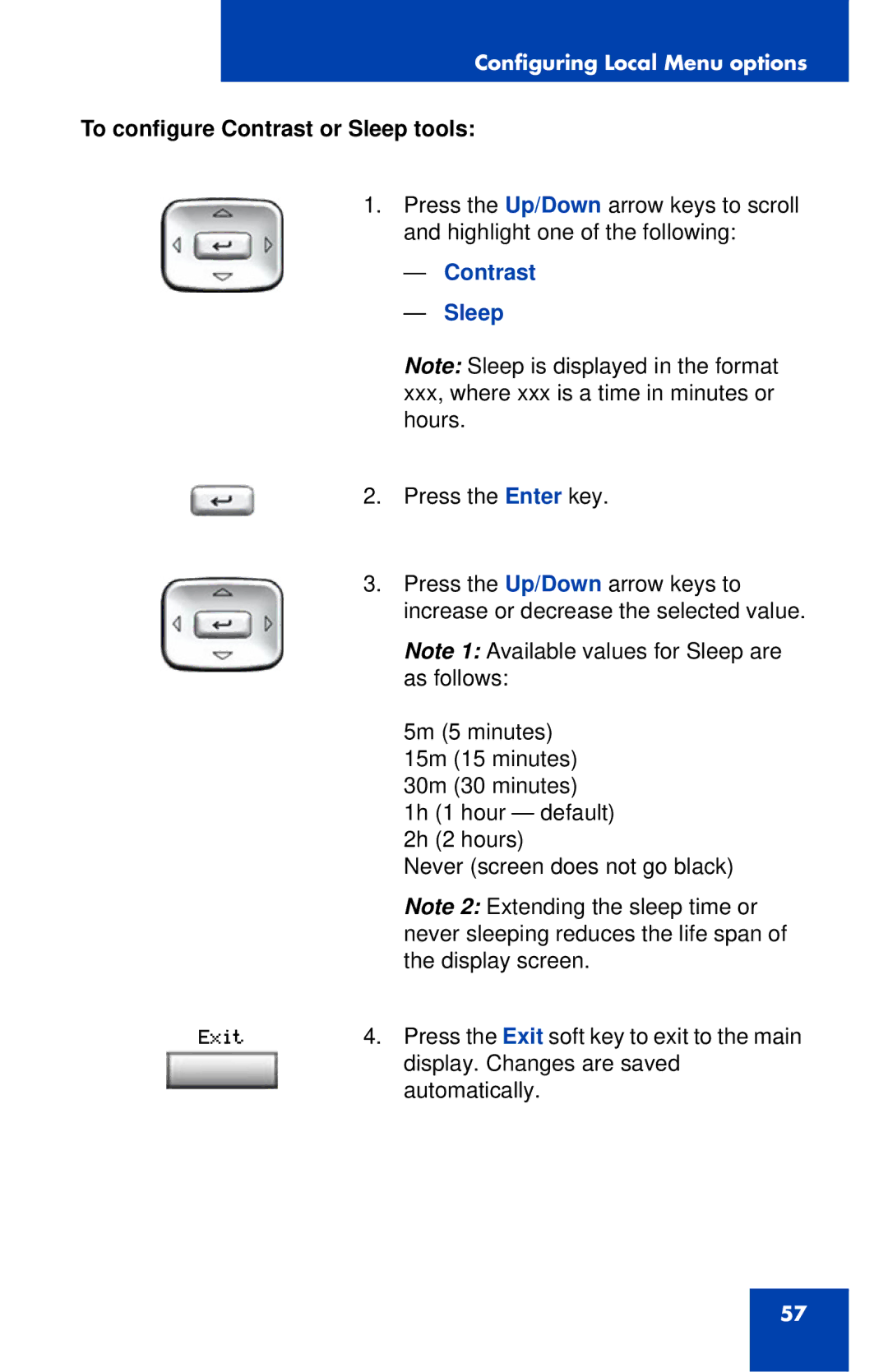 Nortel Networks 1120 manual To configure Contrast or Sleep tools, Contrast Sleep 