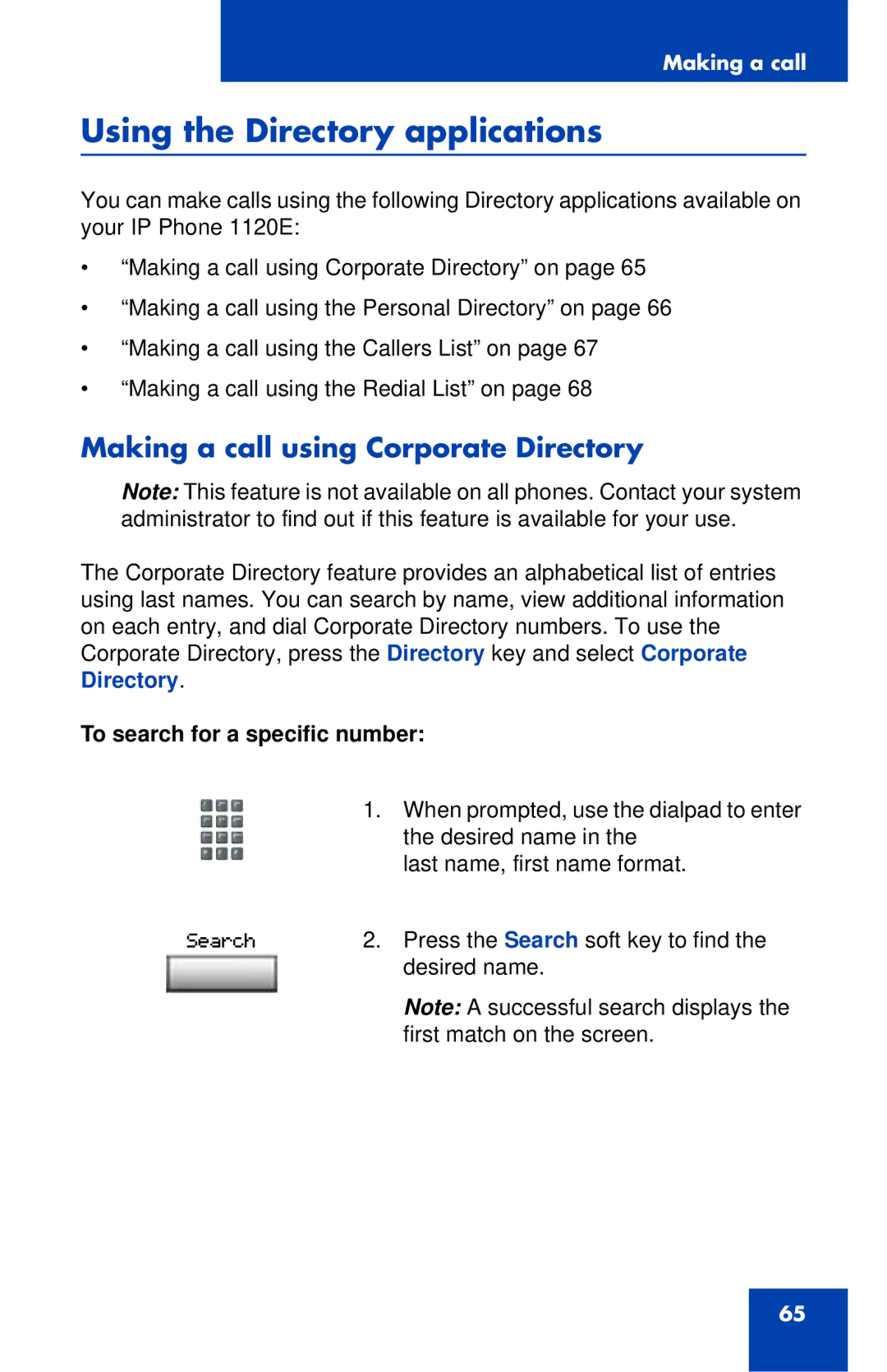 Nortel Networks 1120 manual Using the Directory applications, Making a call using Corporate Directory 