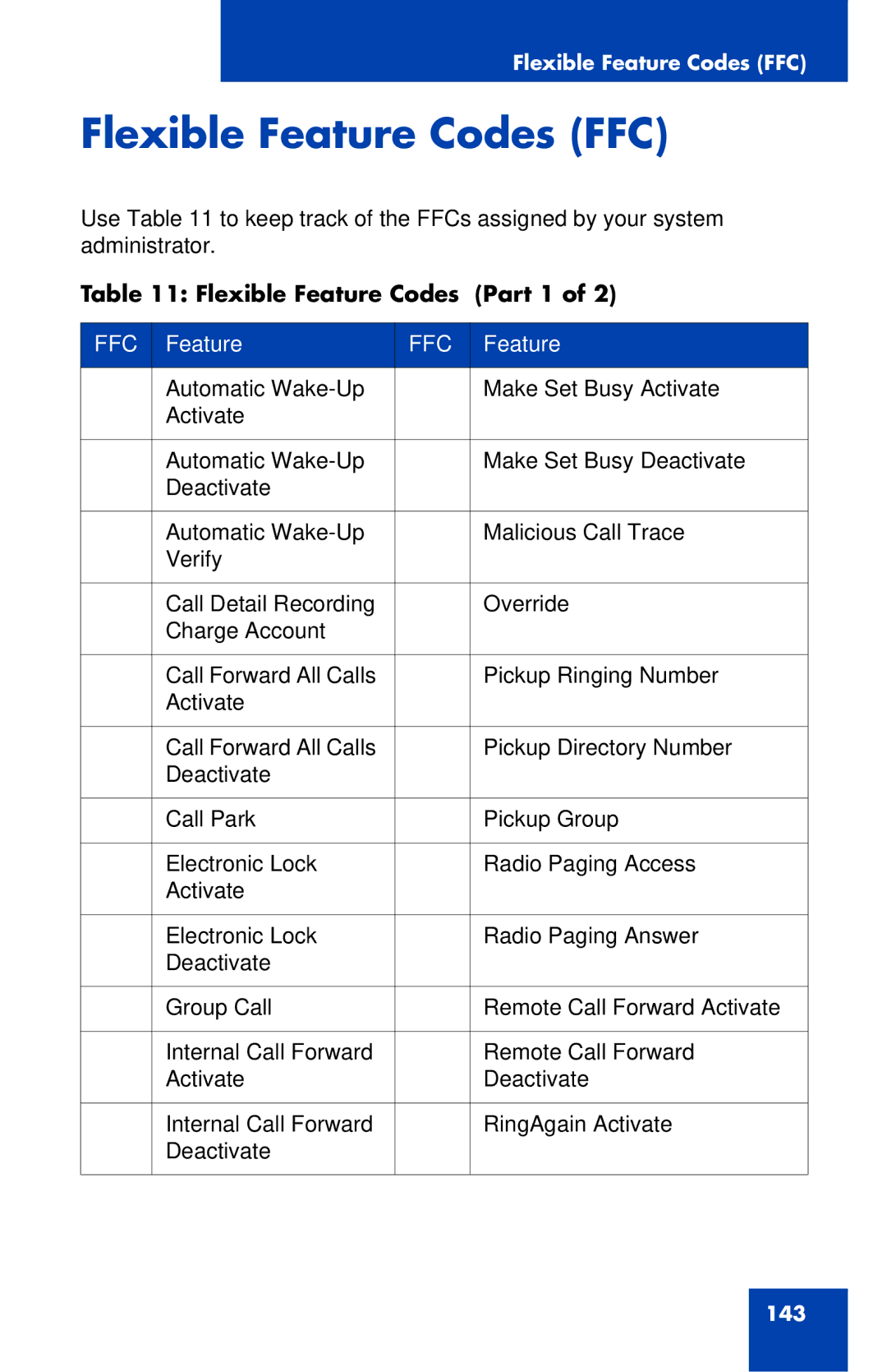 Nortel Networks 1120E manual Flexible Feature Codes FFC, Flexible Feature Codes Part 1 