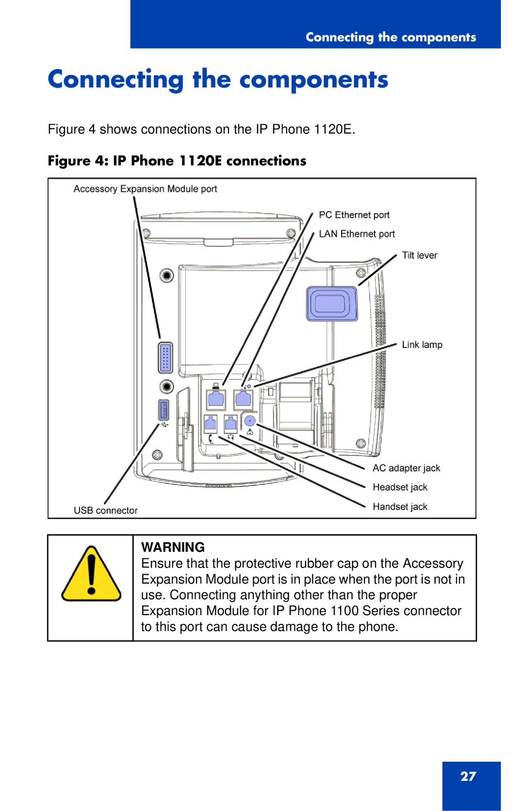 Nortel Networks manual Connecting the components, IP Phone 1120E connections 