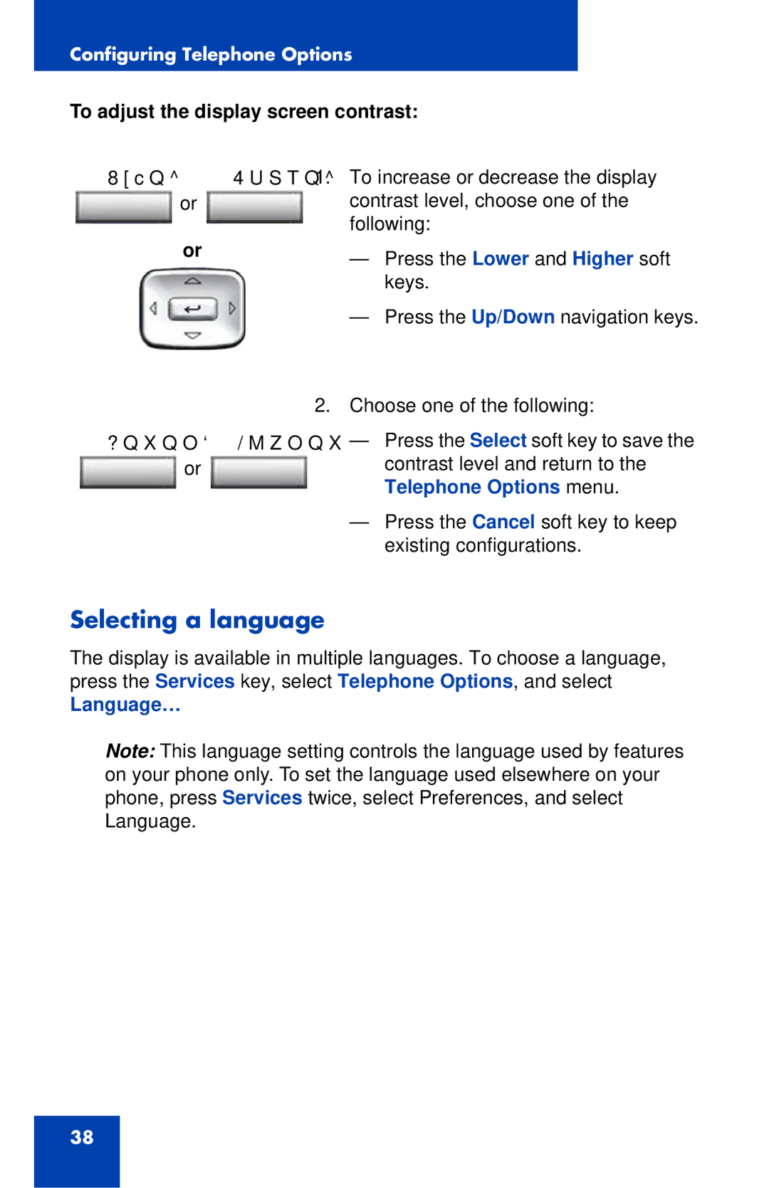 Nortel Networks 1120E manual Selecting a language, To adjust the display screen contrast, Language… 