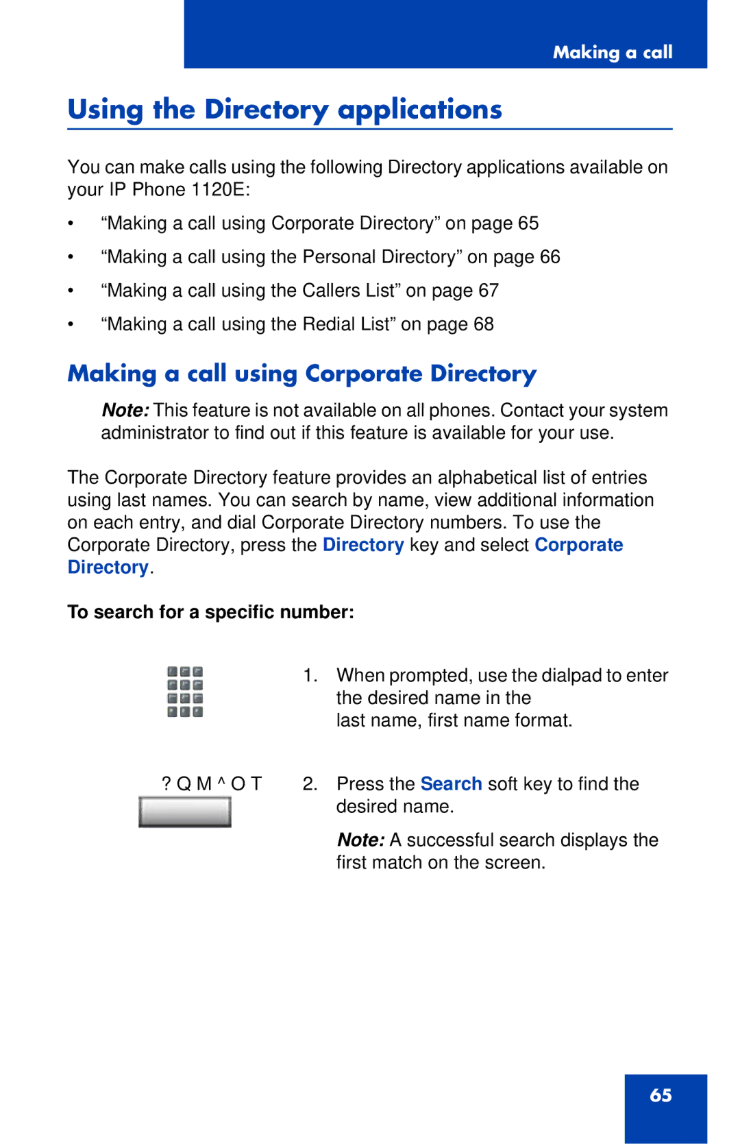 Nortel Networks 1120E manual Using the Directory applications, Making a call using Corporate Directory 