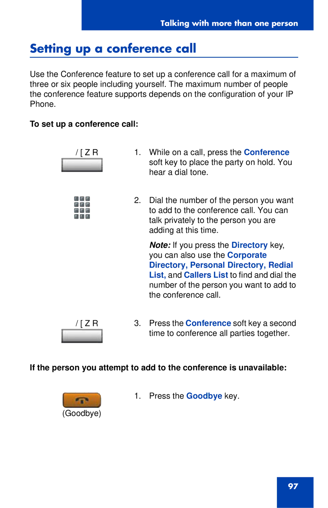 Nortel Networks 1120E Setting up a conference call, To set up a conference call, Directory, Personal Directory, Redial 