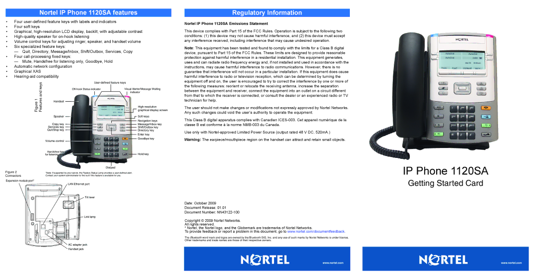 Nortel Networks manual Nortel IP Phone 1120SA features, Regulatory Information, Keys, Features 