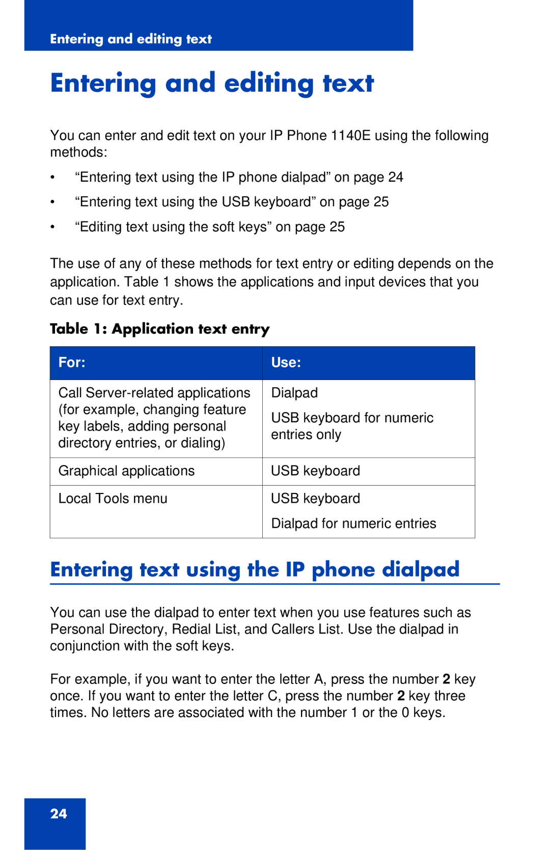 Nortel Networks 1140E manual Entering and editing text, Entering text using the IP phone dialpad, Application text entry 