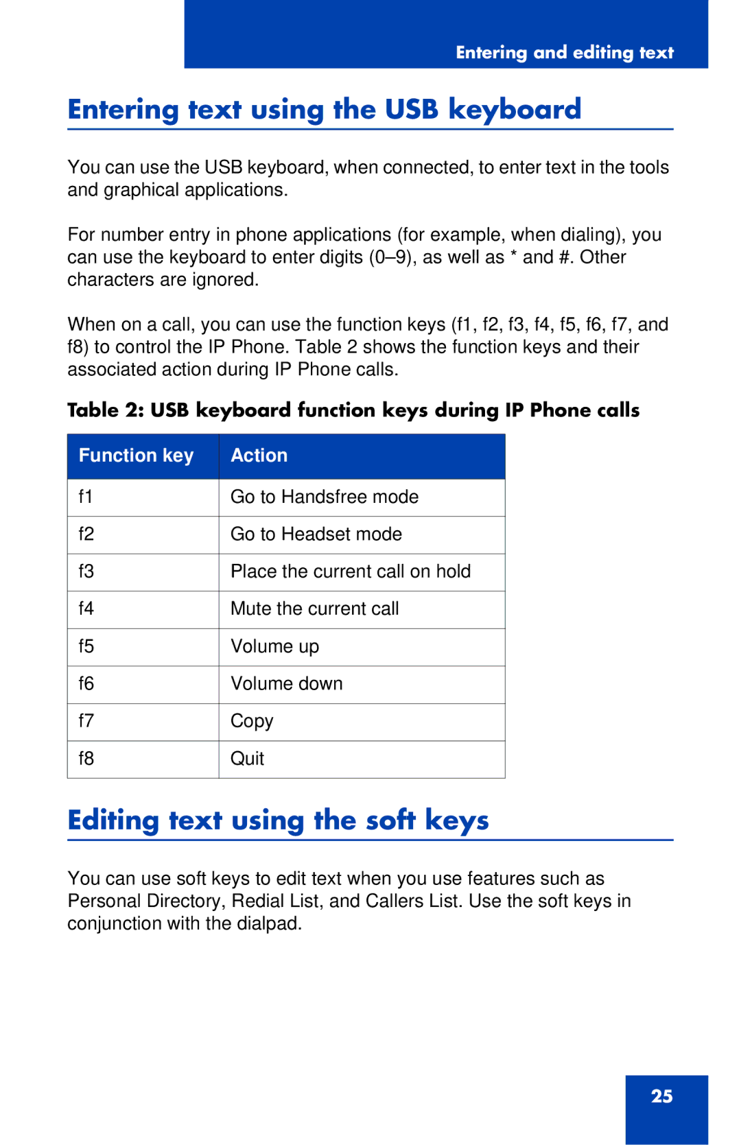 Nortel Networks 1140E manual Entering text using the USB keyboard, Editing text using the soft keys 