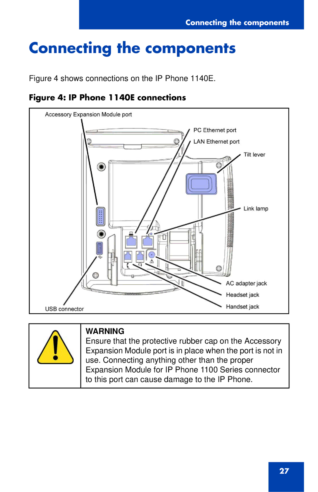 Nortel Networks manual Connecting the components, IP Phone 1140E connections 