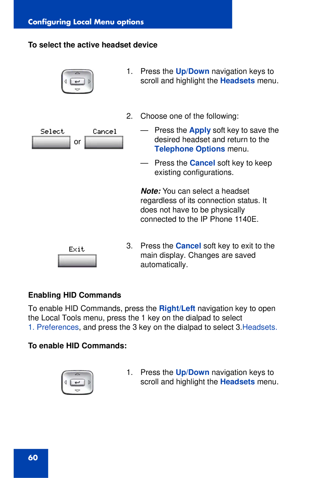 Nortel Networks 1140E manual To select the active headset device, Enabling HID Commands, To enable HID Commands 