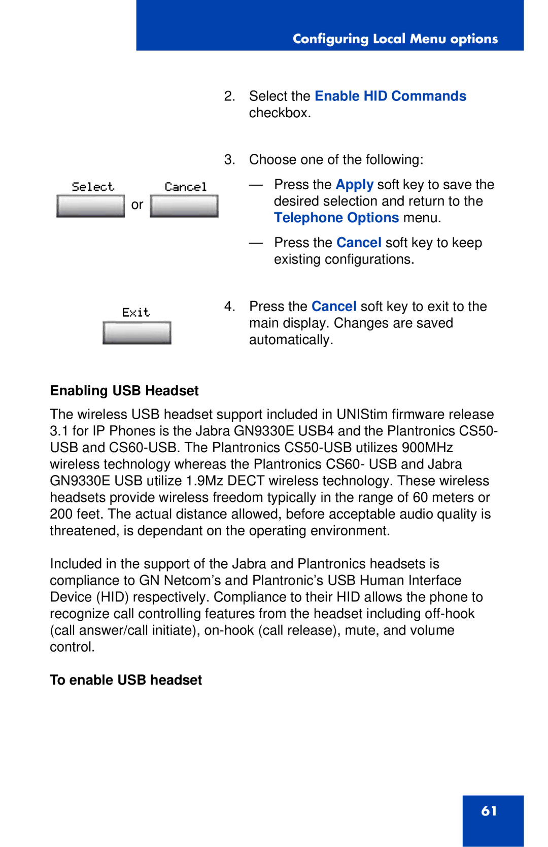 Nortel Networks 1140E manual Select the Enable HID Commands checkbox, Enabling USB Headset, To enable USB headset 