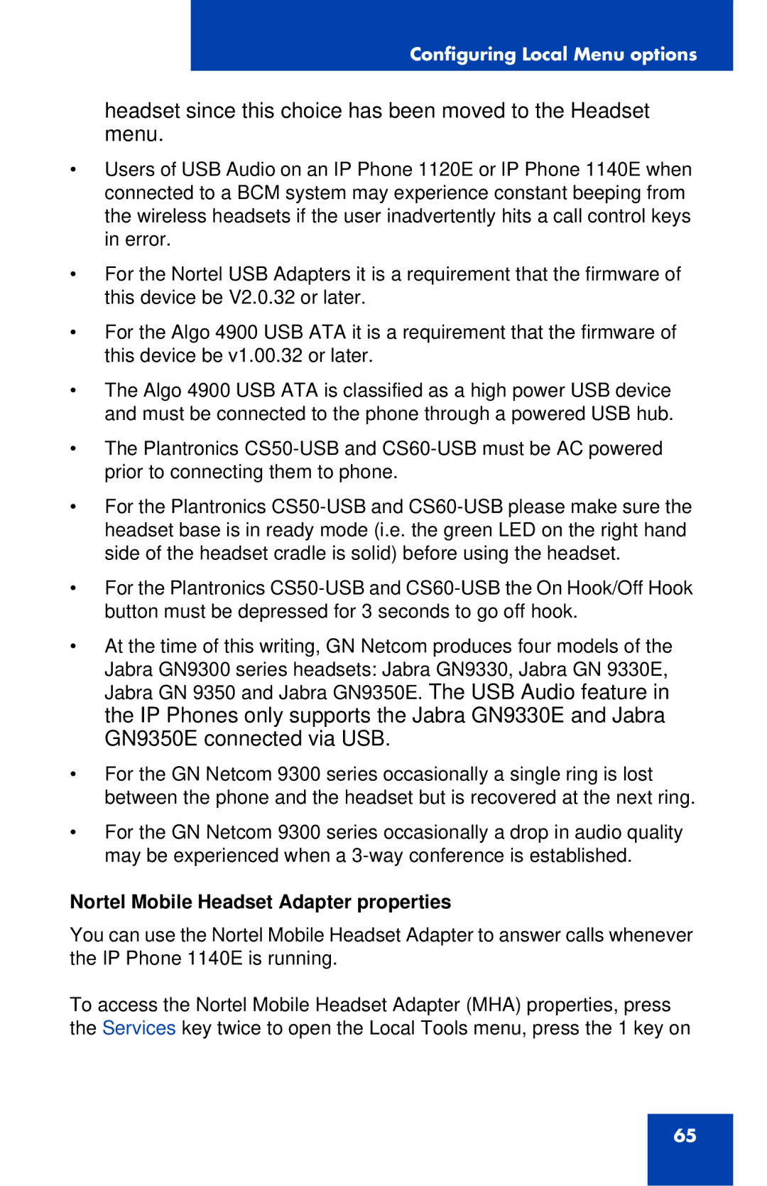 Nortel Networks 1140E manual Nortel Mobile Headset Adapter properties 