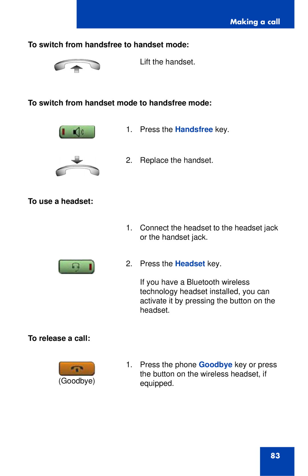 Nortel Networks 1140E manual To switch from handsfree to handset mode, To switch from handset mode to handsfree mode 