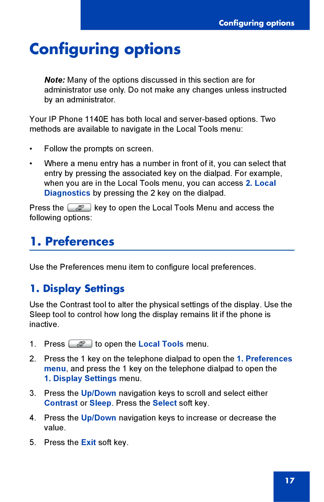 Nortel Networks 1140E manual Configuring options, Preferences 