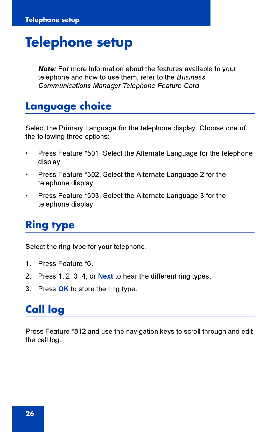 Nortel Networks 1140E manual Telephone setup, Language choice, Ring type, Call log 