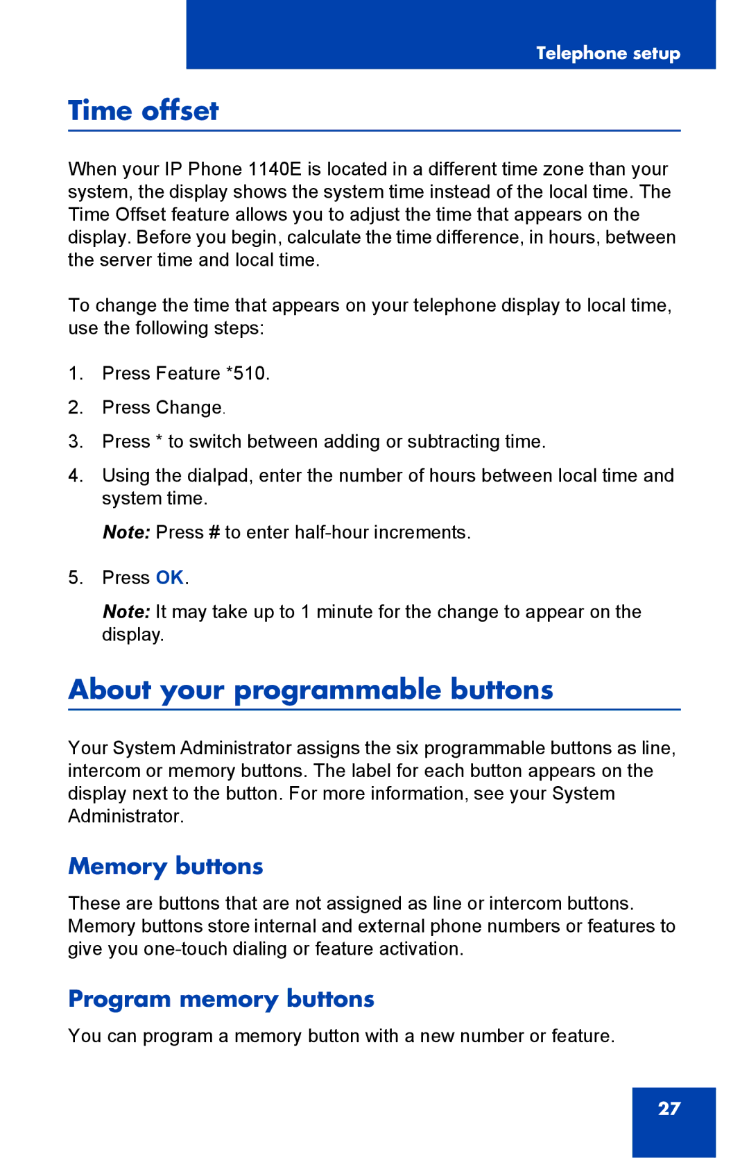 Nortel Networks 1140E manual Time offset, About your programmable buttons 