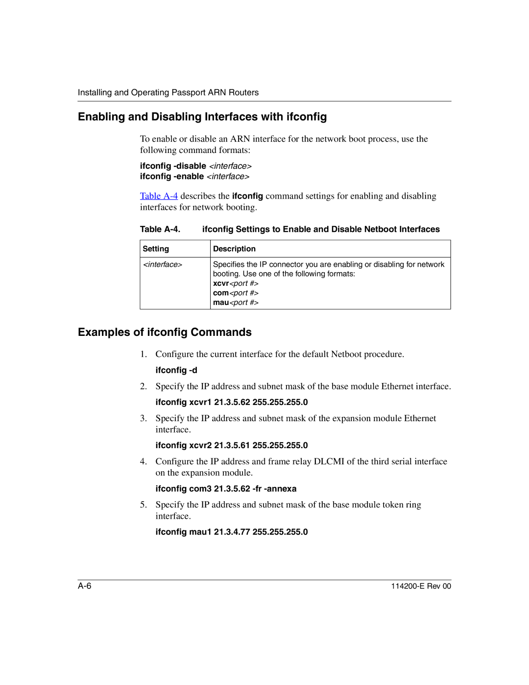 Nortel Networks 114200-E manual Enabling and Disabling Interfaces with ifconfig, Examples of ifconfig Commands 