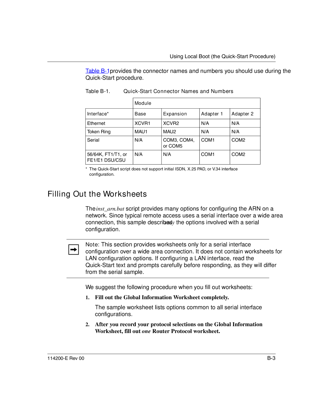 Nortel Networks 114200-E manual Filling Out the Worksheets, Table B-1 Quick-Start Connector Names and Numbers 