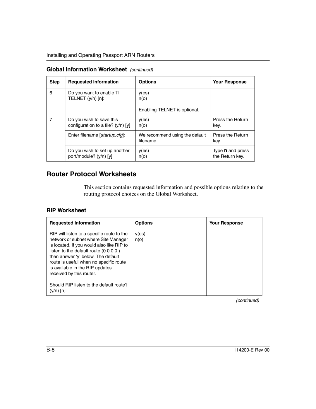 Nortel Networks 114200-E manual Router Protocol Worksheets, RIP Worksheet, Requested Information Options Your Response 