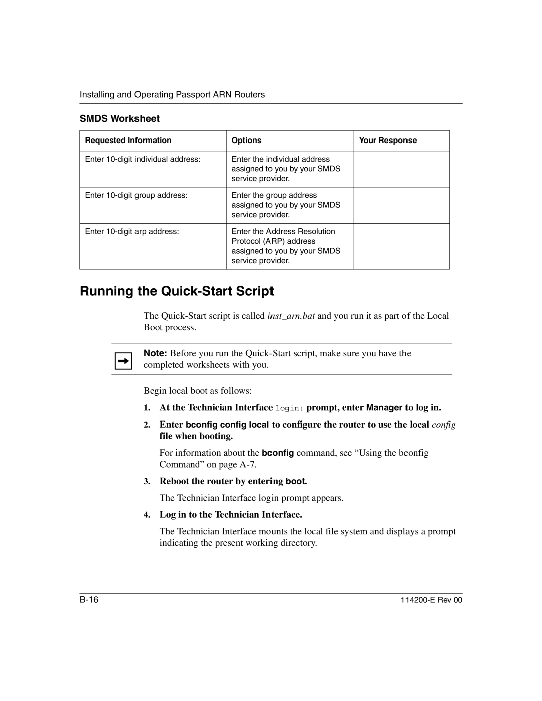 Nortel Networks 114200-E manual Running the Quick-Start Script, Smds Worksheet, Technician Interface login prompt appears 