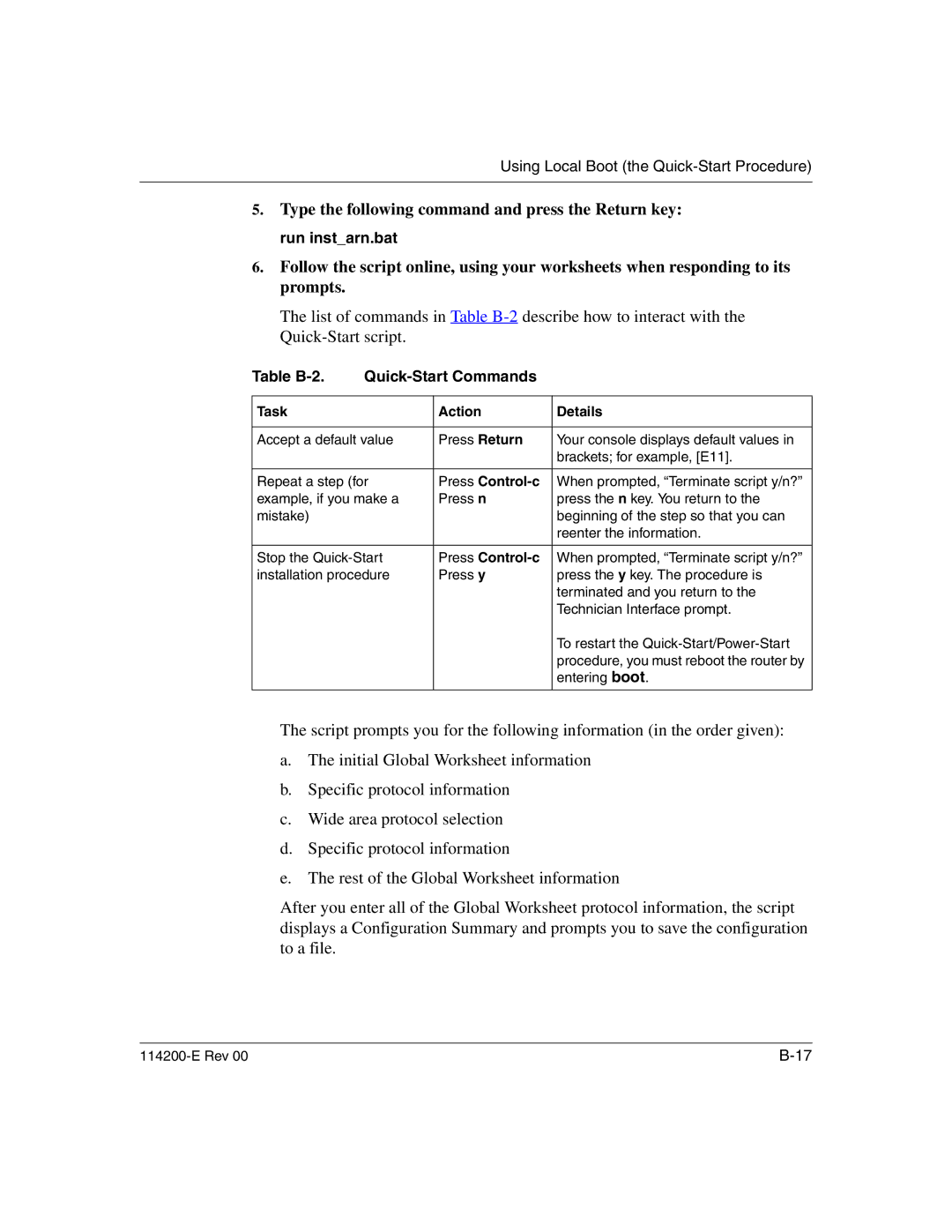 Nortel Networks 114200-E manual Table B-2 Quick-Start Commands, Task Action Details, Press Control-c 