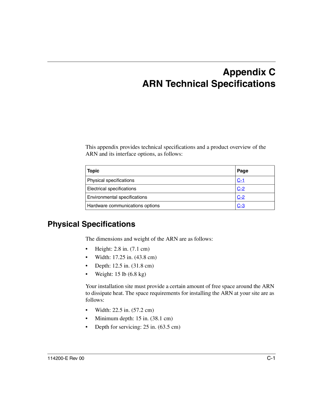 Nortel Networks 114200-E manual Appendix C ARN Technical Specifications, Physical Specifications 