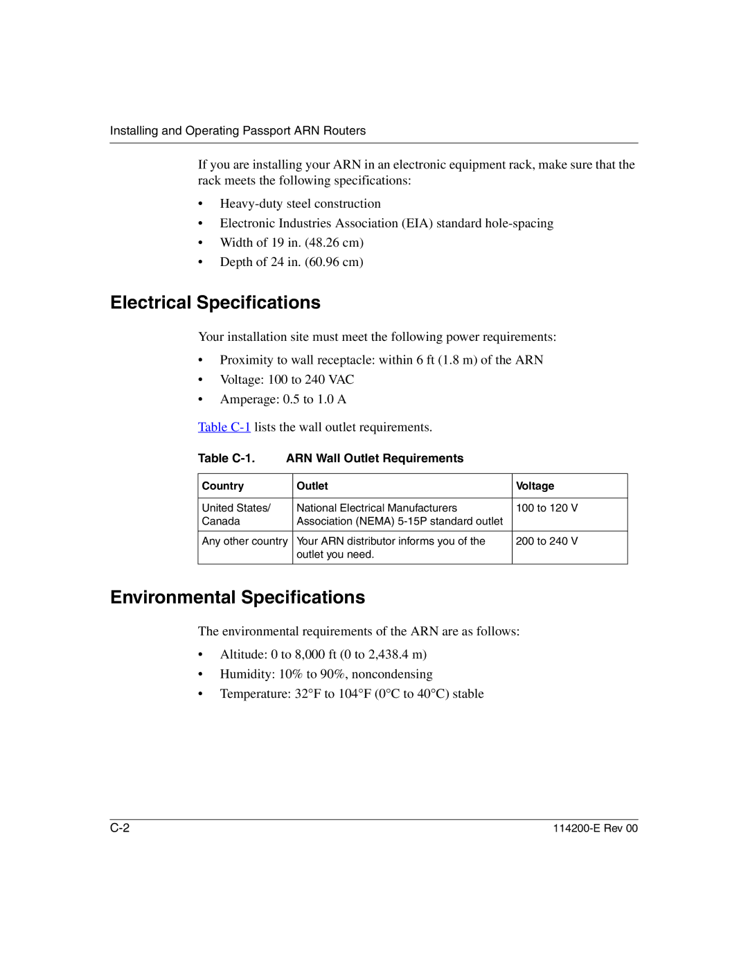 Nortel Networks 114200-E Electrical Specifications, Environmental Specifications, Table C-1 ARN Wall Outlet Requirements 