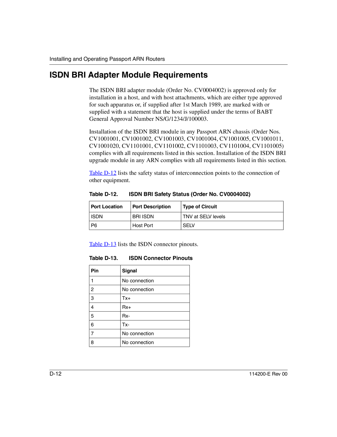 Nortel Networks 114200-E Isdn BRI Adapter Module Requirements, Table D-13 lists the Isdn connector pinouts, Pin Signal 