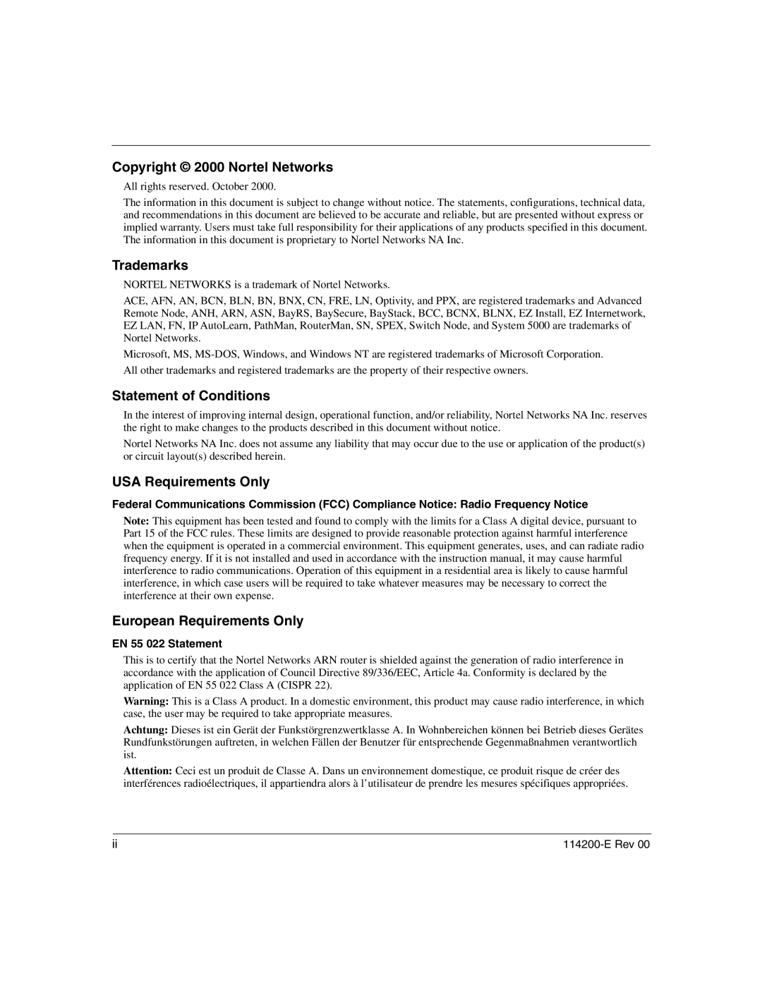 Nortel Networks 114200-E manual Copyright 2000 Nortel Networks, Trademarks, Statement of Conditions, USA Requirements Only 