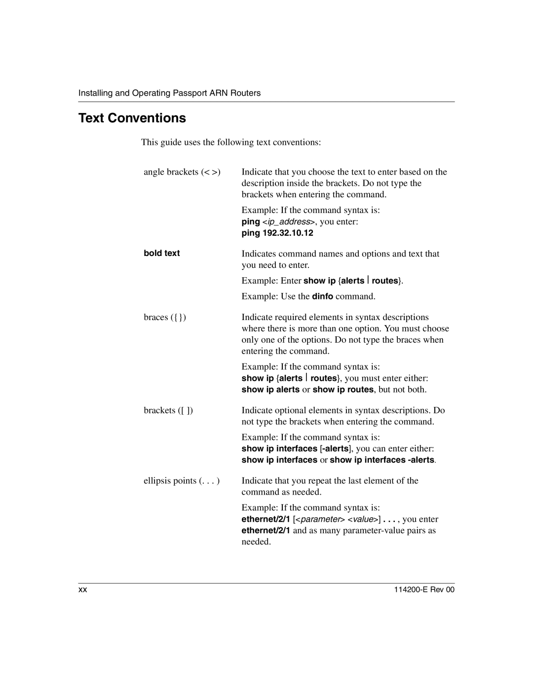 Nortel Networks 114200-E manual Text Conventions, Bold text, Ping, Example Enter show ip alerts routes 