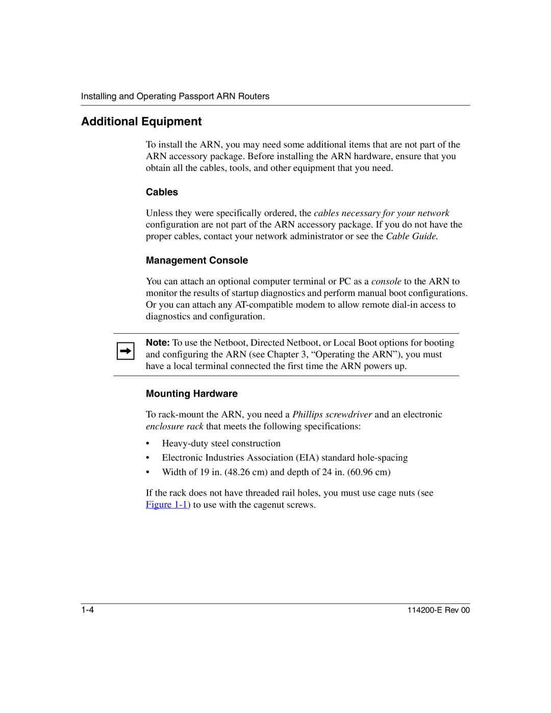 Nortel Networks 114200-E manual Additional Equipment, Cables, Management Console, Mounting Hardware 