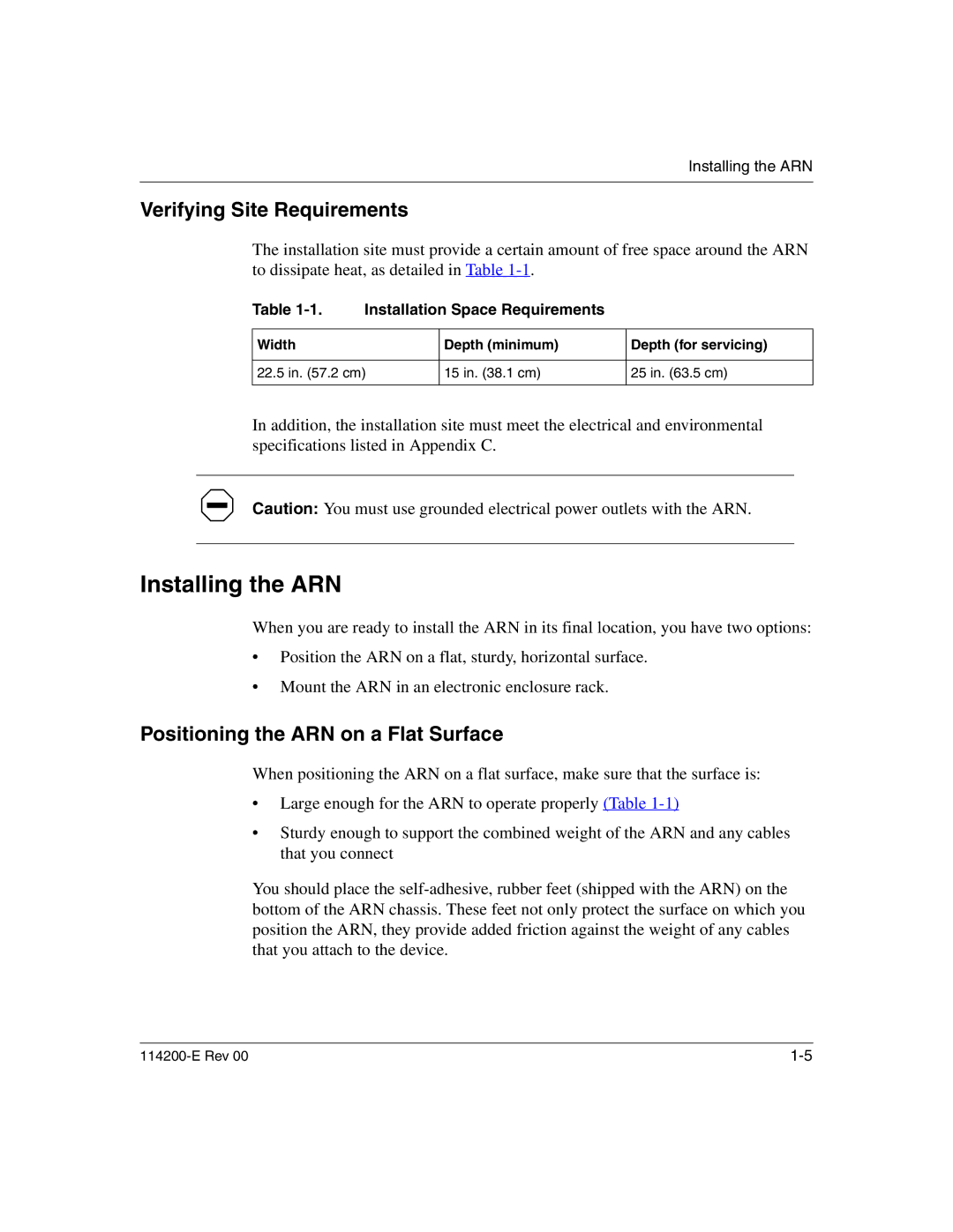 Nortel Networks 114200-E manual Installing the ARN, Verifying Site Requirements, Positioning the ARN on a Flat Surface 