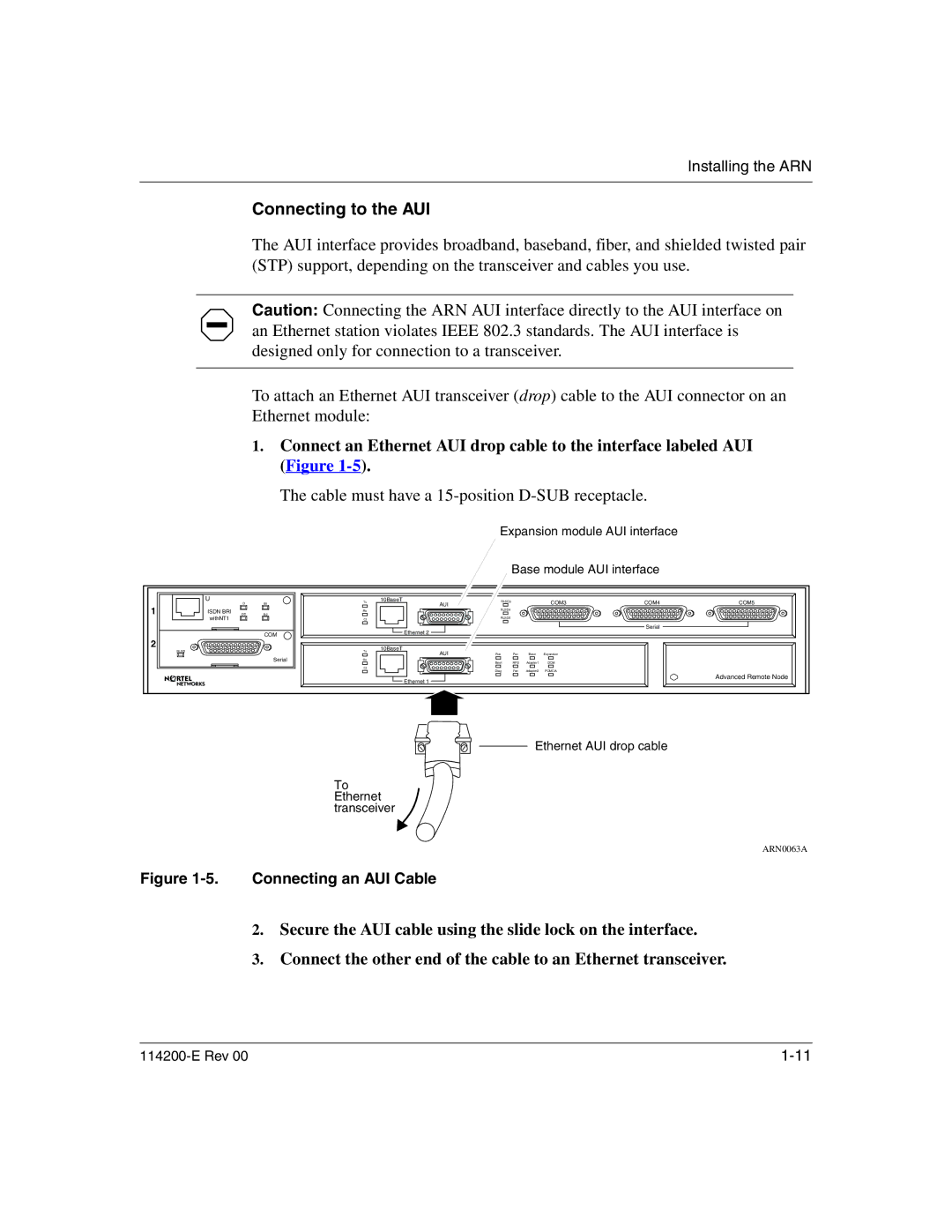 Nortel Networks 114200-E manual Connecting to the AUI, Cable must have a 15-position D-SUB receptacle 