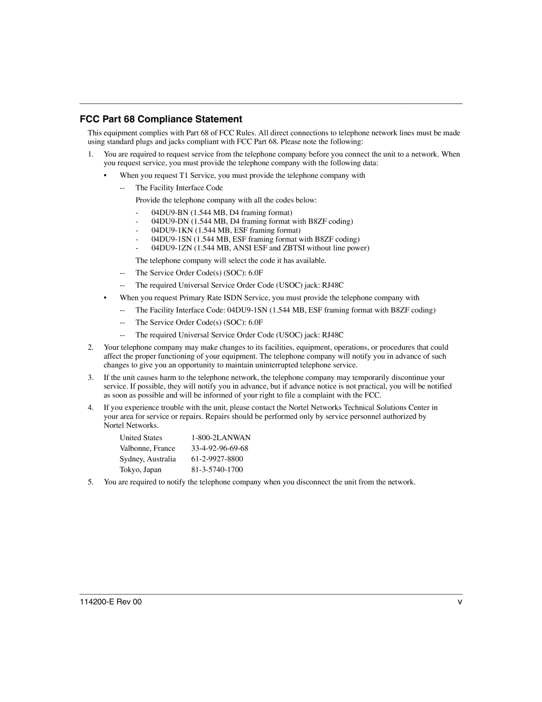 Nortel Networks 114200-E manual FCC Part 68 Compliance Statement 