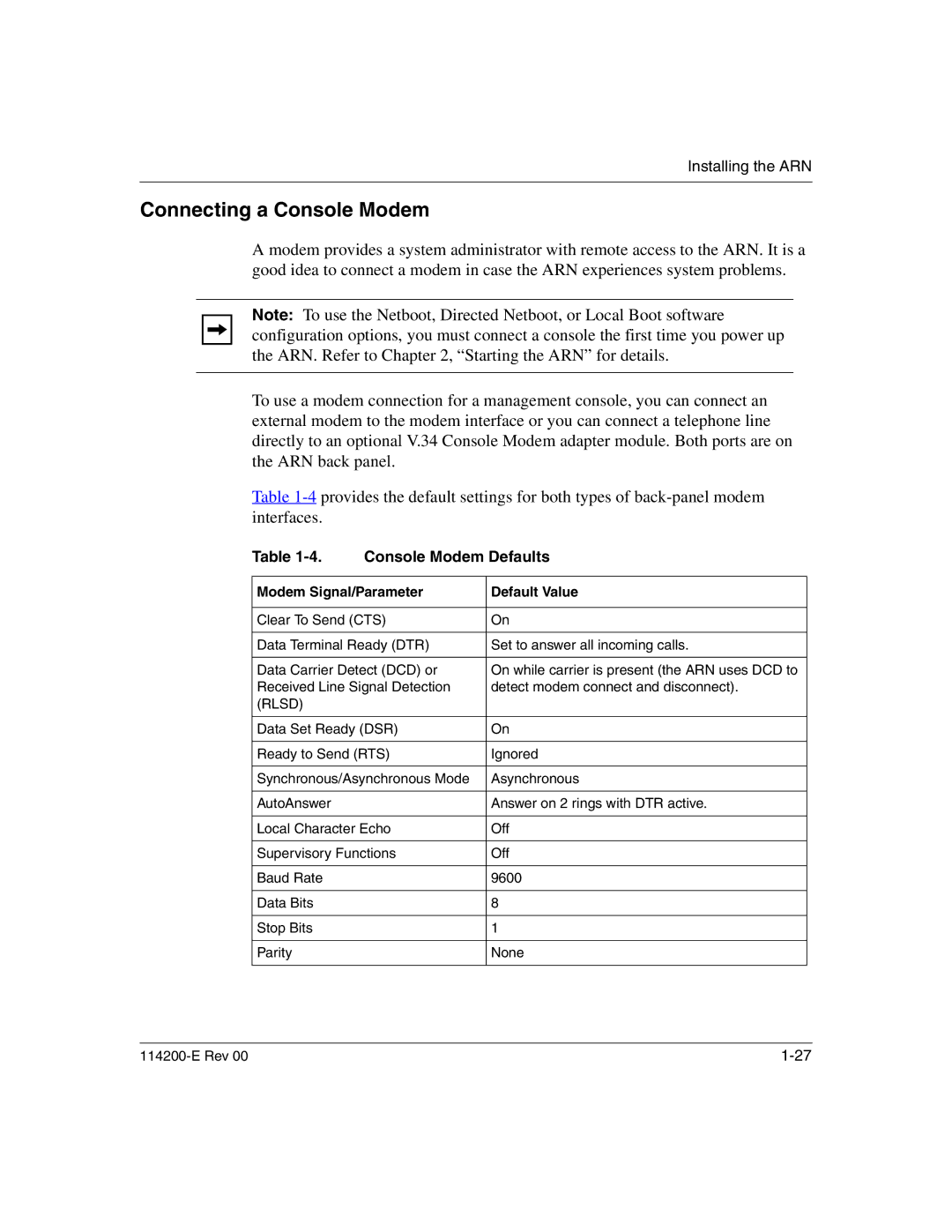 Nortel Networks 114200-E manual Connecting a Console Modem, Console Modem Defaults 