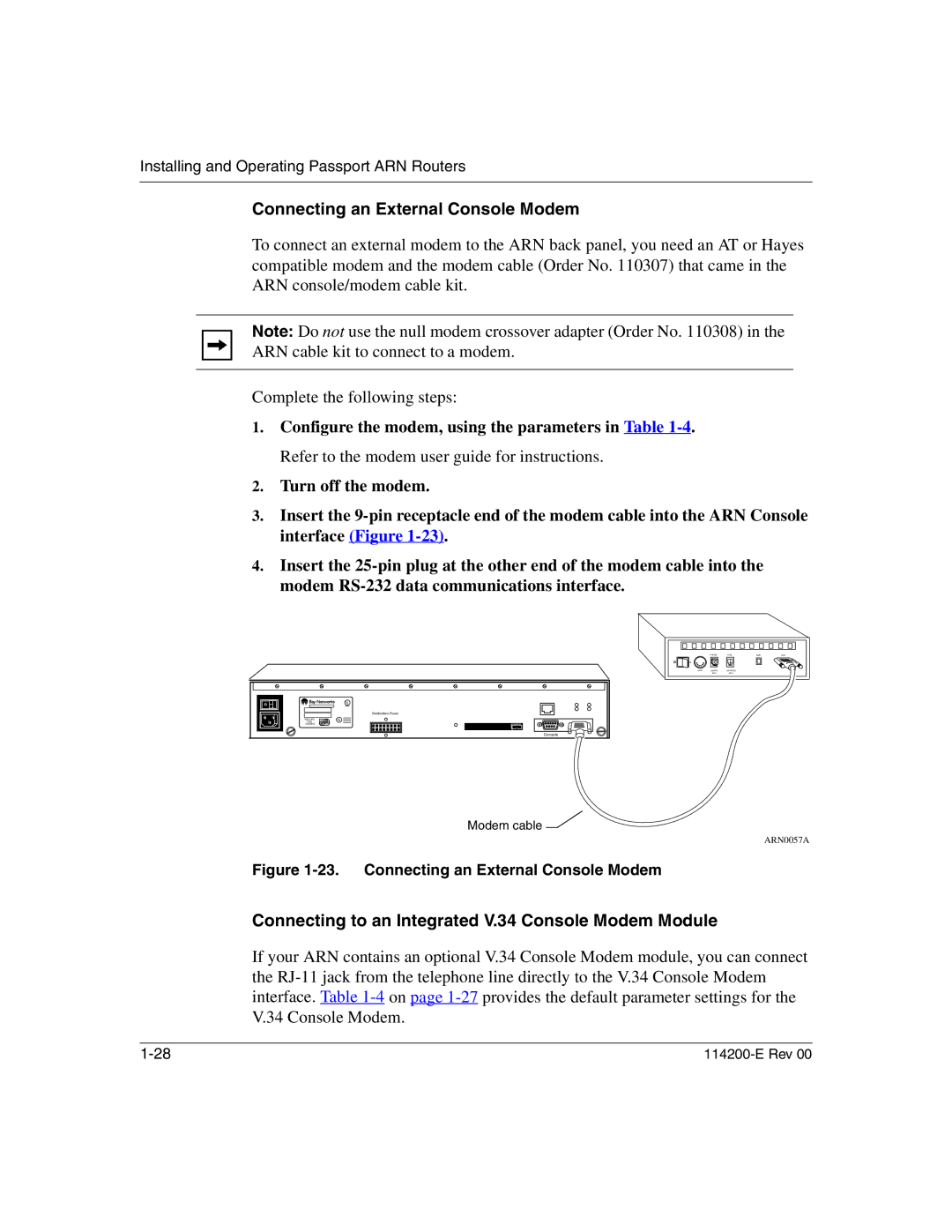 Nortel Networks 114200-E manual Connecting an External Console Modem, Connecting to an Integrated V.34 Console Modem Module 